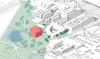 Die grobe Planungsskizze zeigt die mögliche Lage des geplanten Forschungsgebäudes (rot), neben bestehenden Gebäuden der Universität zu Lübeck und des Universitätsklinikums Schleswig-Holstein. Abbildung: Gebäudemanagement SH