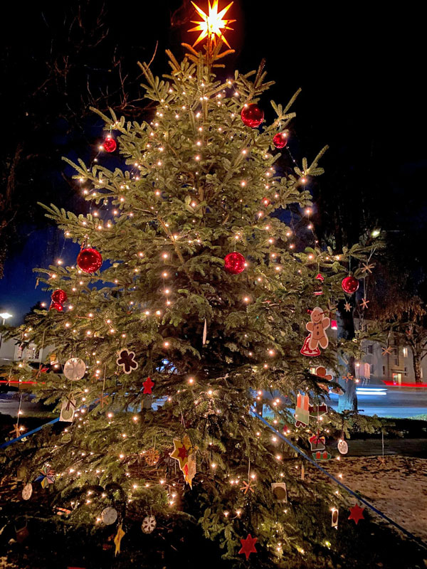 Zehn rote Weihnachtsbaumkugeln, die etwa in zwei Metern Höhe angebracht waren, wurden entwendet. Foto: Polizei