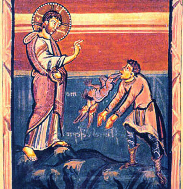 Jesus heilt den Besessenen von Gerasa. Mittelalterliche Buchillustration. Hidta-Codex, Hs. 1640, fol 76r. Foto: Veranstalter