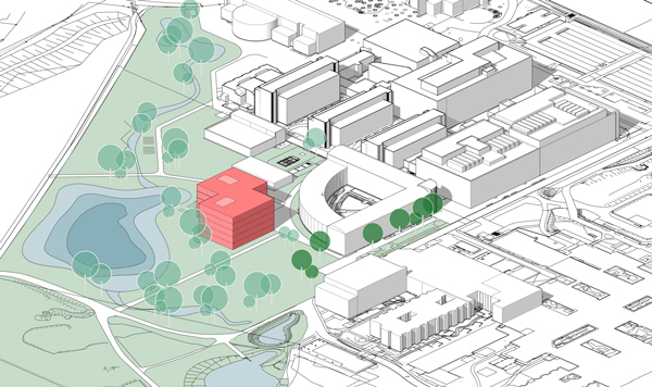 Die grobe Planungsskizze zeigt die mögliche Lage des geplanten Forschungsgebäudes (rot), neben bestehenden Gebäuden der Universität zu Lübeck und des Universitätsklinikums Schleswig-Holstein. Abbildung: Gebäudemanagement SH