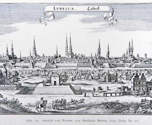 Lübecker Stadtansicht von Matthäus Merian von 1653 (Ausschnitt). Bild: HL.