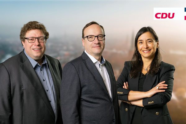 Carsten Grohmann, Christopher Lötsch und Michelle Akyurt sehen gute Chancen, dass auch in Lübeck die CDU stärkste Kraft wird.