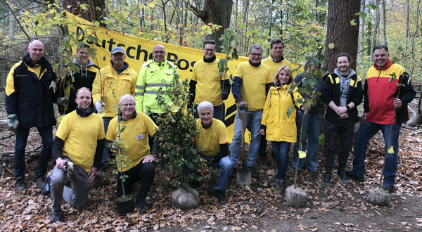 Bereits zum siebten Mal pflanzten Mitarbeiter der Post Bäume in Waldhusen. Fotos: Post