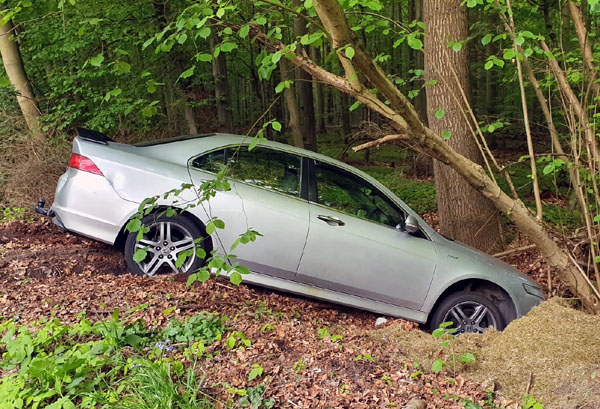 Mangelnde Ortskenntnis: Das Fahrzeug aus Groß Britannien blieb im Wald stecken. Fotos: Oliver Klink